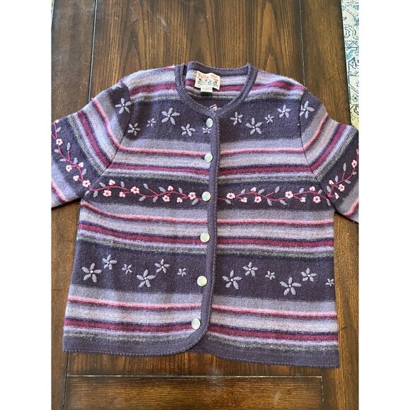 Tally-Ho Purple Striped Floral 100% Wool Button Down Cardigan Medium - Picture 6 of 8